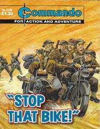 A comic book cover with soldiers riding a motorcycle

Description automatically generated